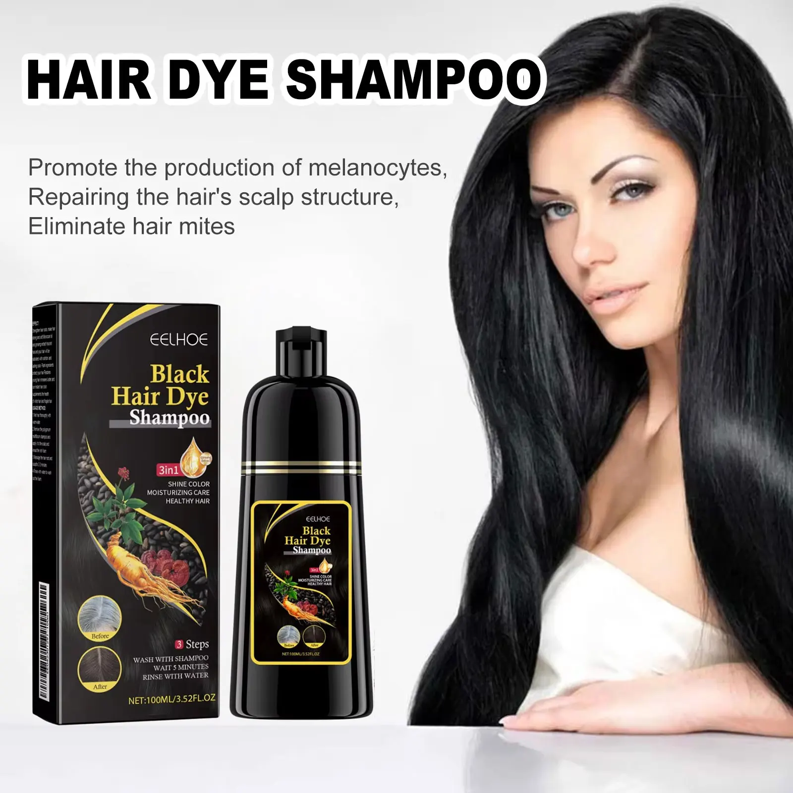 EELHOE Schwarzes Haarfärbe-Shampoo, 3-in-1-Wachstum, sauberes – Bild 4