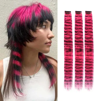 Streifen Gedruckt Haar Bunte Lange Gerade Haarteile Synthetische Clip-in Haar Extensions für Den (3 Stück)