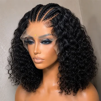 Lockige Echthaarperücke 13x4 Lace Front Perücke Echthaar Halb-Cornrows Halb-Wasserwellen-Perücke Vorgezupfte
