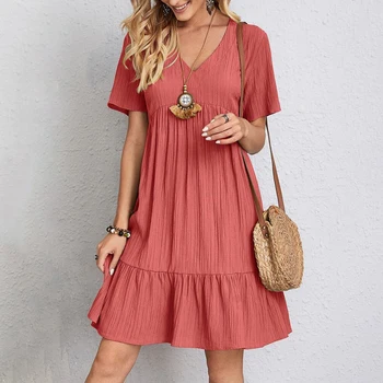 Sommer Solide Kleid Frauen Casual Bohemian V-ausschnitt Kurzarm Rüschen Lose EINE Linie Mini Kleid Elegante