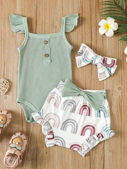 Sommer Neugeborene Baby Kleidung Set ärmellose Bodysuit bedruckte Shorts 3 stücke Kleidung Anzug Baby Mädchen