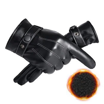 Männer Winter Pu Leder schwarze Handschuhe Knopf warme Fäustlinge Outdoor-Sport Fahren Skifahren Herren wind