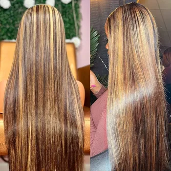 100 % Echthaar, 4/27, Highlight, gerade, 13 x 4, 13 x 6, Spitzenfront-Echthaar-Perücken, knochengerade
