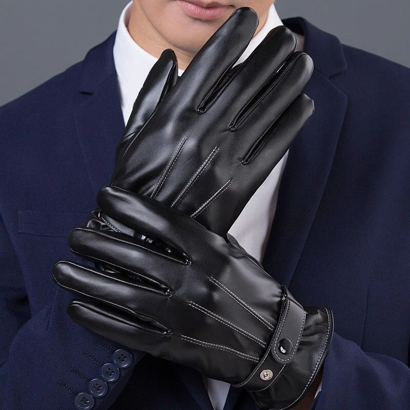 Männer Winter Pu Leder schwarze Handschuhe Knopf warme – Bild 4