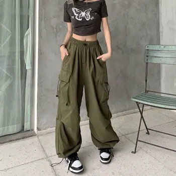 Frauen Casual Baggy Cargo Hosen Solide Low Taille Jogger Tech Hosen Kordelzug Breite Bein Baggy Hosen Y2K