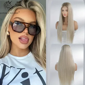 Spitze vorne lange gerade synthetische Perücken blonde synthetische Perücken für Frauen hitze beständige Faser