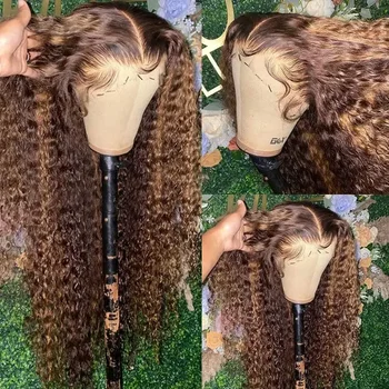 13x4 Lace Front Highlight Lockenperücke aus Echthaar, Klebefreie HD Deep Wave Perücke, Vorgezupft, 4/27