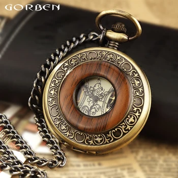 Massivholz Mechanische Taschenuhr FOB Kette Medaillon Zifferblatt Hohl Steampunk Skeleton Männer Frauen Herren