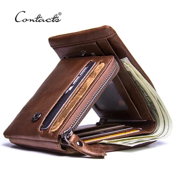 CONTACT'S Echtes Crazy Horse Leder Herren Geldbörsen Vintage Trifold Geldbörse Reißverschluss Münzfach