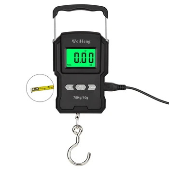 Schwarze elektronische digitale Waage, wiederaufladbar, LCD, 75 kg, 10 g, Gepäckwaage, Hängehaken, Angelwaage