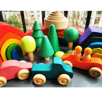 Montessori Holzspielzeug Elementar Regenbogen Stapelblöcke / Unbemalte Holzbaum Gebäude Stapelwagen Vulkan