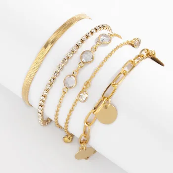 Boho Flache Schlangenknochen Kette Strass Pailletten Anhänger Armband Set Dame Geometrische Mode Armbänder