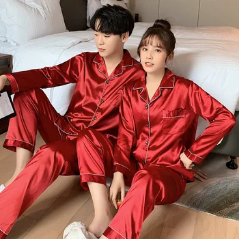 Einfarbig Nachtwäsche Seide Satin Pyjamas Paar Set Lange Button-Down Pyjamas Anzug Pijama Frauen Männer