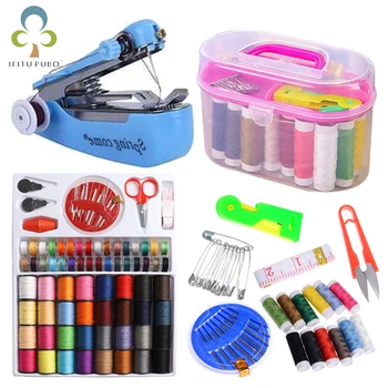 Tragbare Mini-Hand Nähmaschine Tragbare Mini Reise PP Nähen Box Nähen Kits Set Tuch Stoff Handliche Hand