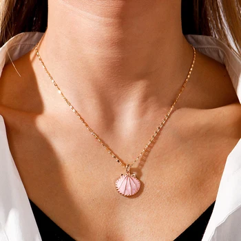 Neuheit Rosa Blau Emaille Fan Shell Anhänger Halsketten Gold Farbe Kette Choker Halskette für Frauen Sommer