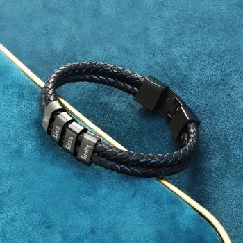 MaiLun 1 Stück personalisierte Namen Perlen Herrenarmband Lederarmband mit 2 Riemen Individuelles Geschenk
