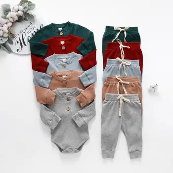 Infant Neugeborenes Baby Mädchen Junge Frühling Herbst Gerippte/Karierte Feste Kleidung Sets Langarm Bodys