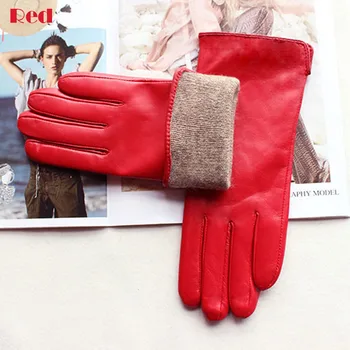 Leder-Schaffell-Handschuhe für Damen, Herbst, warm, Fleece-Futter, Farbe, modisch, dünn, Outdoor-Aktivitäten