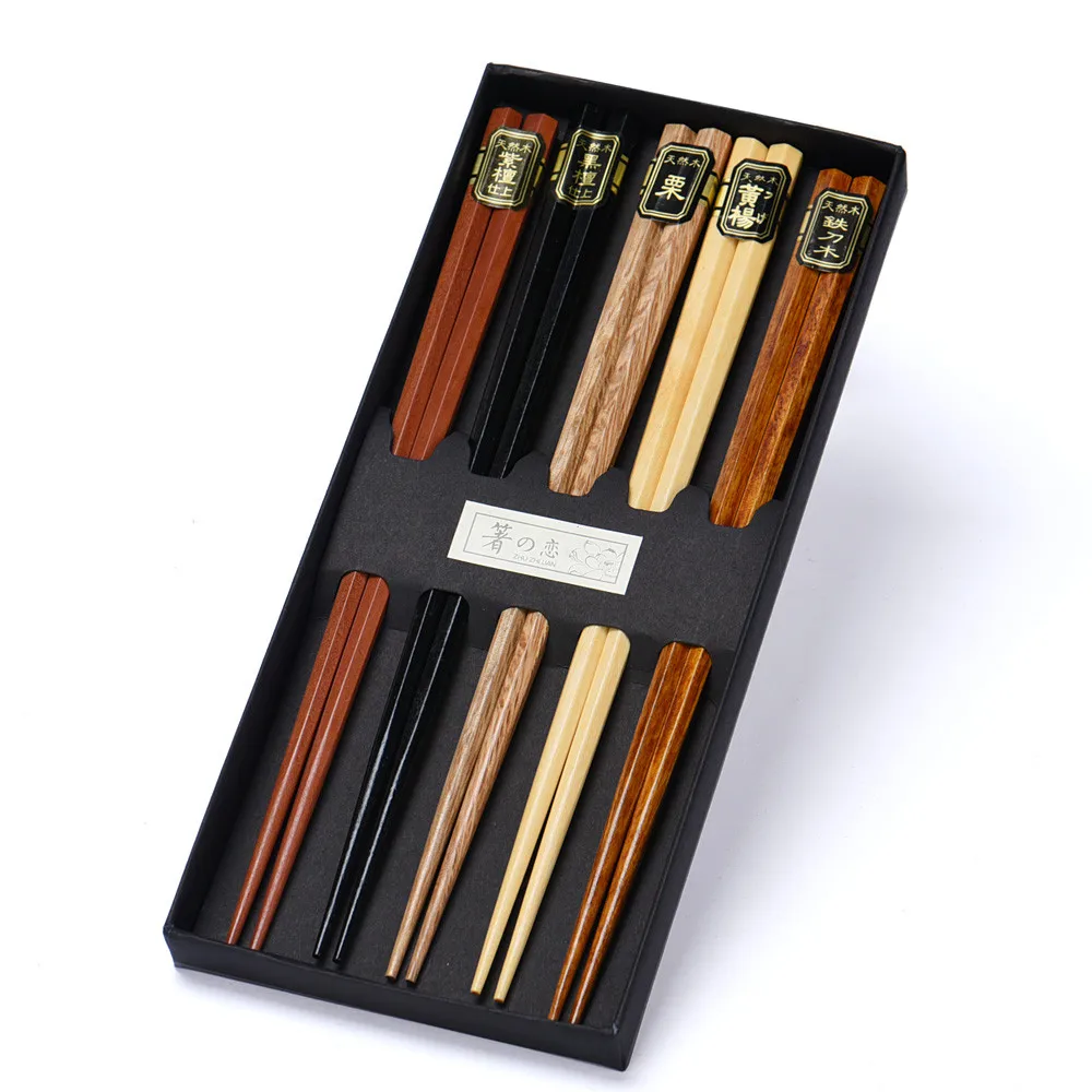 5 Paar Holzstäbchen im japanischen Stil, wiederverwendbare