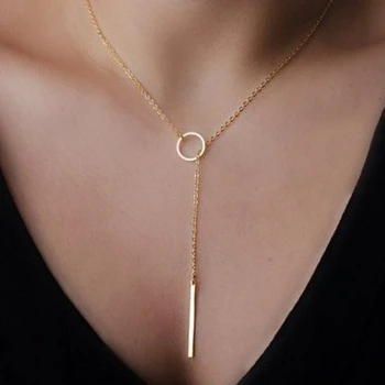 Minimalistische Halskette mit rundem Stab-Anhänger für Frauen, Perlen-Schlüsselbein-Halskette, Blätter, lange