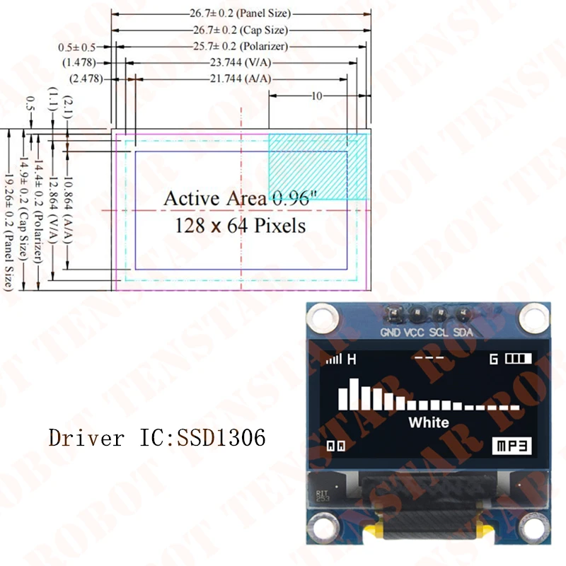 TENSTAR 0,96 Zoll OLED SSD1306 Weiß/Blau/Gelb 128 x 64 IIC – Bild 2