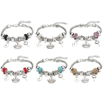 Charme Armband & Armreifen Schmuck 6 Farbe Ton Zirkon Ball Crown key lock Form Perlen Armbänder Für Frauen