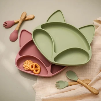 Baby-Silikon-Fütterungsgeschirr-Sets, BPA-frei, wasserdicht, Speiseteller, Schüssel, Löffel, Gabel