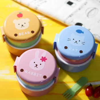 Niedliche Tier-Lunchbox, japanische doppelschichtige runde Mini-Bento-Box, Obstbox für Kinder, Snackbox
