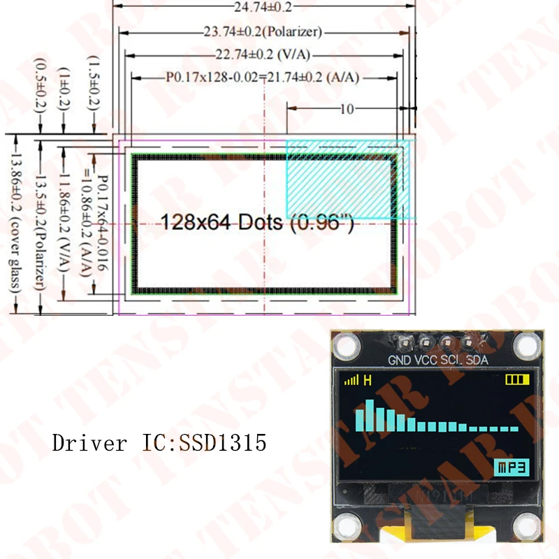 TENSTAR 0,96 Zoll OLED SSD1306 Weiß/Blau/Gelb 128 x 64 IIC – Bild 3