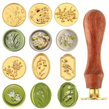 Blumen-Wachssiegel-Stempelset mit abnehmbarem Holzgriff - Vintage-Stil, ideal für Hochzeits (6 Stück)