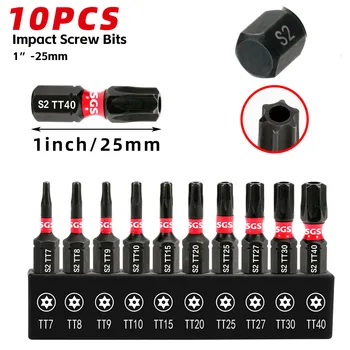 Schlagfeste Sicherheits-Torx-Bits aus S2-Stahl, 25 mm, stark magnetisch, rutschfest, hohe Härte (10 Stück)