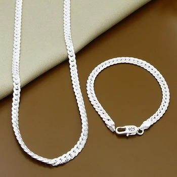 Edle Marken 5MM Flachkette 925 Sterling Silber Armbänder Halsketten Schmucksets für Herren Damen Mode