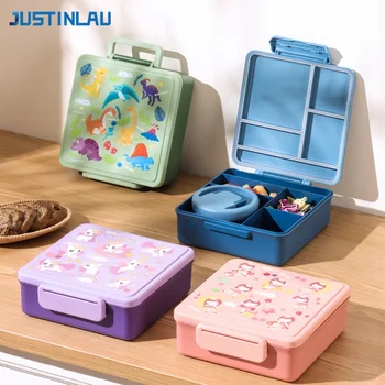 JUSTIN LAU Cartoon-Lunchbox, tragbare Bento-Box für Obstsalat mit Suppenschüssel und Gabel, löffel- und dicht