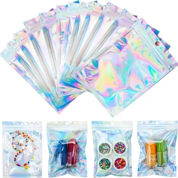 Holografische wiederverschließbare Mylar-Beutel mit Reißverschluss, Süßigkeiten, Zucker, T-Shirt (100 Stück)