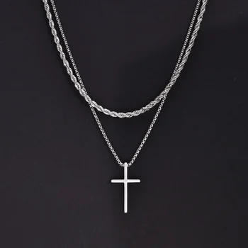 Edelstahl Kreuz Anhänger Halskette Für Männer Titan Stahl Twisted Seil Box Kette Halsband Frauen (2 Stück)