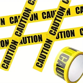 Halloween-Gefahrband, gelb-rote Barrikadenlinie mit auffälligem Vorsichtsschriftzug für Horrorparty, Spukhaus