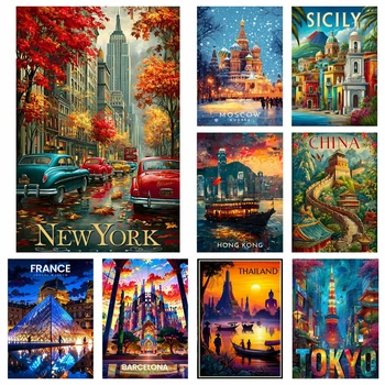 Diamant-Malerei-Set, New York, Tokio Stadtlandschaft, Dekoration, DIY, voller Bohrer, Weltstadtlandschaft