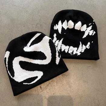 Frauen Hut Stricken Mützen Goth Zahn Kappen Männer Y2k Streetwear Winter Mode Pullover Kpop Harajuku Vintage
