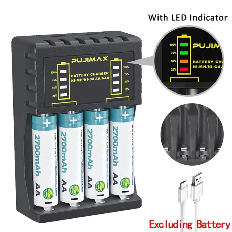 AA/AAA-Batterieladegerät, 4 Steckplätze, intelligente