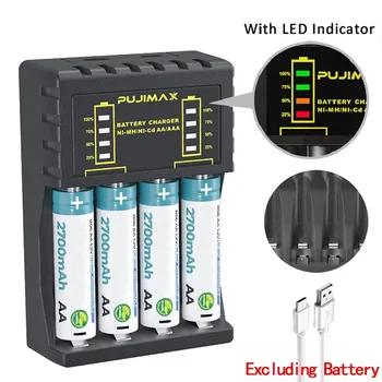 AA/AAA-Batterieladegerät, 4 Steckplätze, intelligente LED-Anzeige, Typ USB-C-Ladegerät für wiederaufladbare