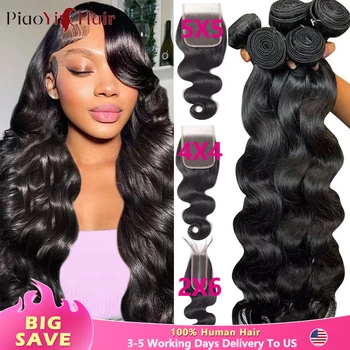 Body Wave Echthaar-Bundles mit 4x4/5x5 Closure, 100% unbehandeltes Echthaar-Weave, 2x6 Mittelteil-Spitze