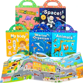 Wiederverwendbares Cartoon-Aufkleberbuch für Kinder, mehrere Scenos, DIY-Puzzlespiel, pädagogisches Lernen