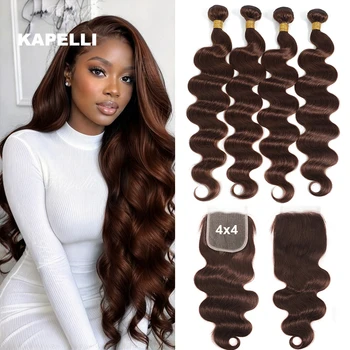 # 4 braune, gewellte Echthaar-Bundles mit Closure, HD 4X4 13X4 Lace Frontal, 100 % brasilianische