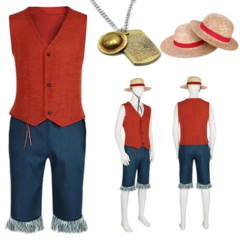 Luffy Cosplay Monkey D. Luffy Kostüm Rote Weste Shorts Hut Seil Anime Outfit Erwachsene Männer für Halloween