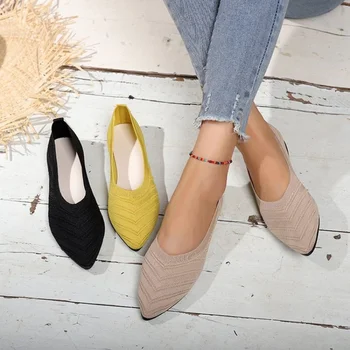 2024 Spitz Flache Büro Boot Einfarbig Gestrickte Slip auf Schuhe Casual Ballett Wohnungen Schuhe Frauen