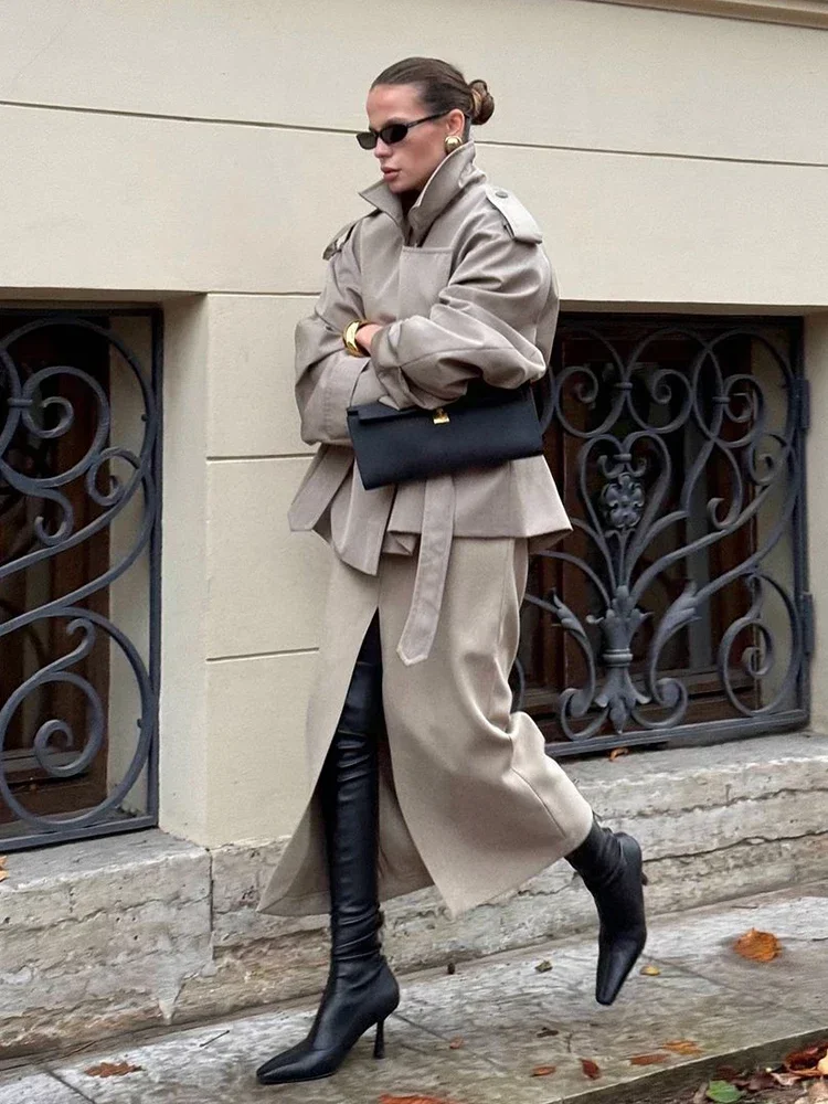 Solide Laepl Lace Up Trenchcoat Frauen Mode Volle Hülse – Bild 5
