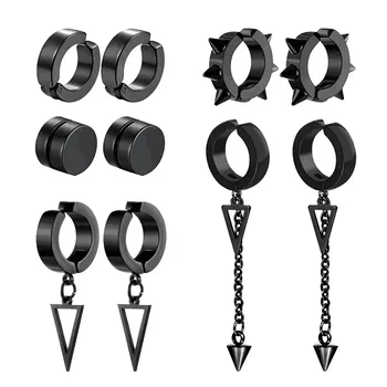 5-Paar modische Herren-Punk-Kreuz-Anhänger aus Edelstahl ohne Ohr, Magnet-Ohrringe-Set
