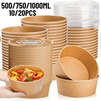 Einweg Lunch Box mit Deckel Kraft Papier Runde Schüssel Suppe Salat Nudel Geburtstag Party Camping Küche Bento