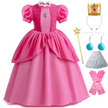 Prinzessin Pfirsich Chiffon Spitze Mädchen Cosplay Kleid Baby Kinder Vestidos Party Kleider Karneval Halloween