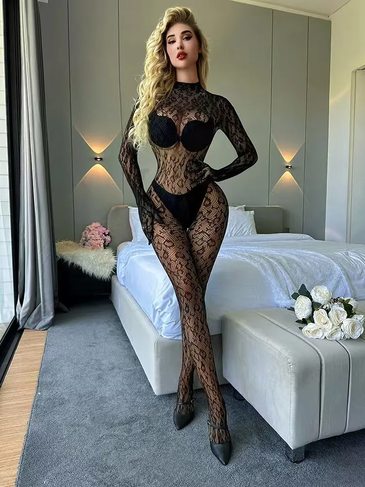 Frauen Sexy Leopard Aushöhlen Mesh Bodystocking Fishnet – Bild 4